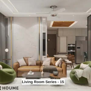 Wood-look details and green seats — living room design, view 1