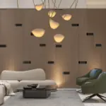 Grey walls and white curved seating — living room design, view 2