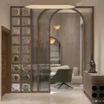 Grey walls and white curved seating — living room design, view 4