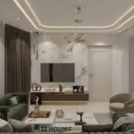 White veined wall and green seating — living room design, view 2
