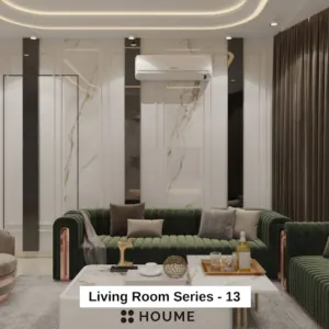 White veined wall and green seating — living room design, view 1