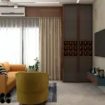 Teal feature wall and mustard sofa — living room design, view 4