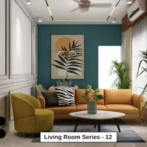 Teal feature wall and mustard sofa — living room design, view 1