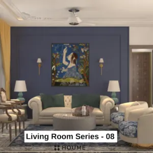 Blue wall and cream sofa — living room design, view 1