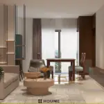 Deep maroon wall and grey seating — living room design, view 2