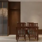 Deep maroon wall and grey seating — living room design, view 4