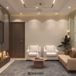 Taupe wall and white artwork — living room design, view 2