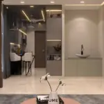 Taupe wall and white artwork — living room design, view 4
