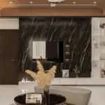 Wood-look ceiling and grey sofa — living room design, view 2