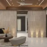 Wood-look ceiling and grey sofa — living room design, view 3