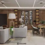 Dark wood tones and dining space — living room design, view 2