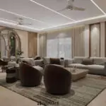 Dark wood tones and dining space — living room design, view 3