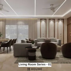 Dark wood tones and dining space — living room design, view 1