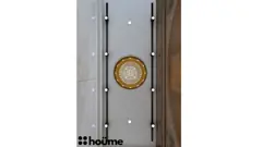 Symmetrical mandir with wood tones and a decorative arch — view 2