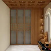 Wood-framed mandir with an illuminated layered arch — view 3