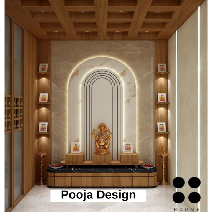 Wood-framed mandir with an illuminated layered arch — view 1