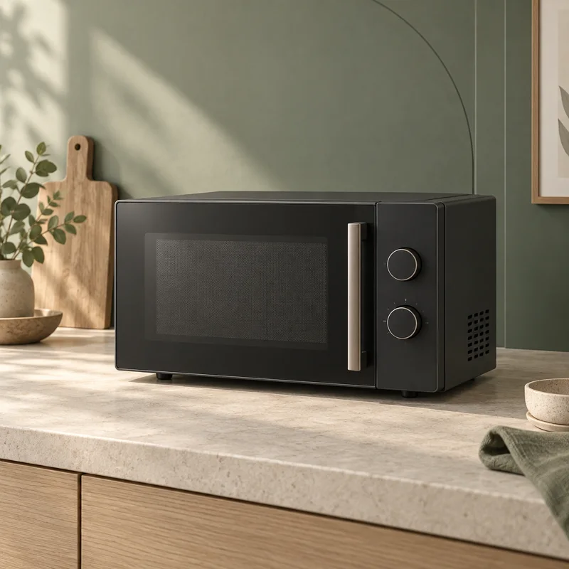 Conceptual microwave illustration in a sage and stone kitchen
