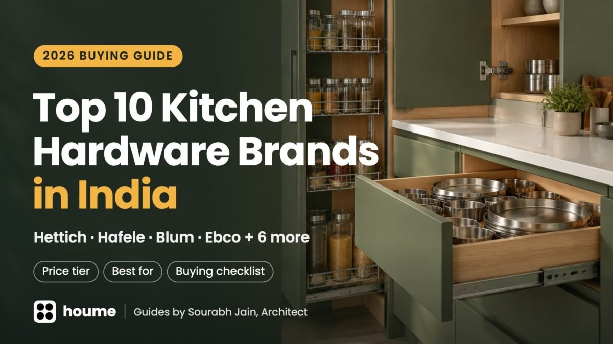 Top 10 modular kitchen hardware brands in India 2026 – soft-close drawer runner, concealed hinge and tall pull-out pantry in a sage green kitchen