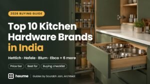 Top 10 modular kitchen hardware brands in India 2026 – soft-close drawer runner, concealed hinge and tall pull-out pantry in a sage green kitchen