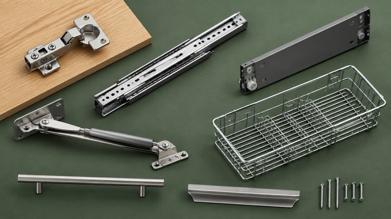Types of modular kitchen hardware – concealed hinge, telescopic drawer runner, tandem drawer side, lift-up mechanism, wire basket and handles