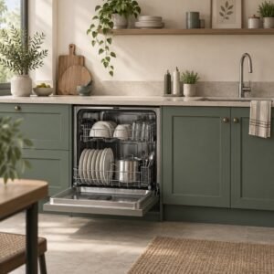 Concept illustration of an open dishwasher with plates and cookware in a sage-green kitchen