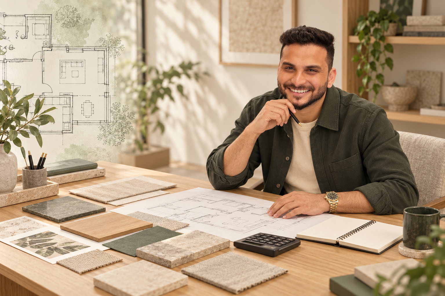 AI-created concept of Sourabh Jain reviewing a home plan with material samples and a calculator